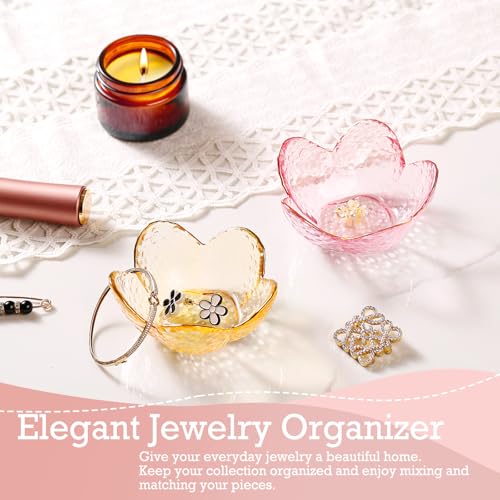 Gifts for Women Pink Flower Ring Dish Glass Jewelry Dish Jewelry Tray Cute Vanity Organizer Room Decor Aesthetic Nightstan...