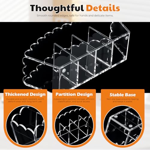 Novacrylion Scalloped Acrylic Pencil Holder – Clear Desk Organizer with 4 Compartments – Makeup Brush Holder & Remote Cadd...