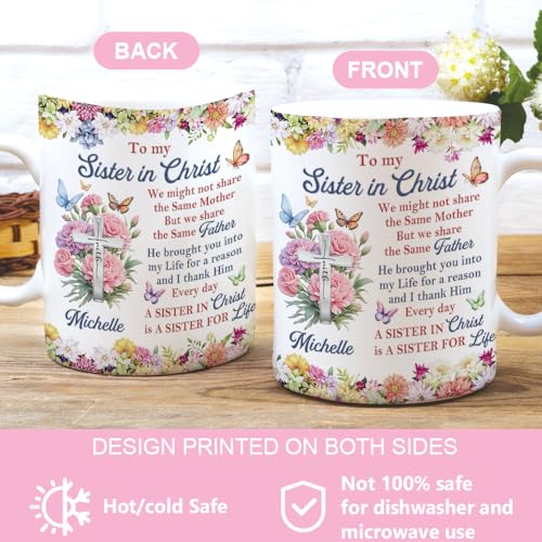 Personalized Sister in Christ Mug, Custom Name Christian Gift for Sister, Floral Cross Coffee Mug, Religious Inspirational...