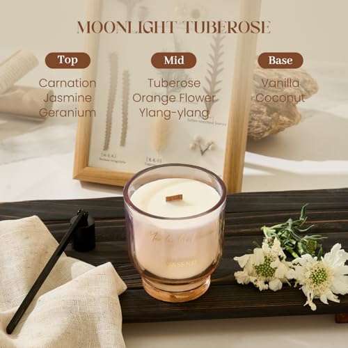 M&SENSE 9.88oz Natural Soy Wax Jar Candle with Wooden Wick | Moonlight Tuberose Scent | 55-Hour Burn & Long-Lasting Burn |...