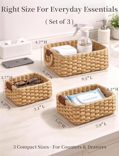 Panovox Storage Basket, Recycled Paper Rope Basket Organizer, 3Pcs Small Baskets for Organizing, Mini wicker Basket for De...