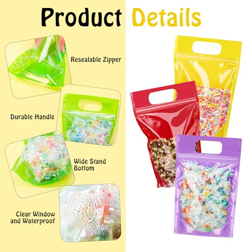 Sinload 60 Pcs Plastic Gift Bag Bulk 5.5 x 8.7 Inch Resealable Party Goodie Bag with Clear Window Color Favor Pouch with H...