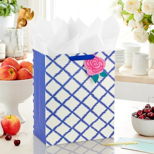 Hallmark 13" Large Gift Bag with Tissue Paper and Gift Tag (Pink Flower on Blue Plaid) for Valentine's Day, Mother's Day, ...