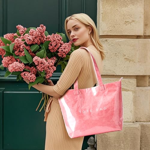 KALIDI PVC Zipper Tote Bag, Jelly Kraft Paper Beach Bag Large Hobo Carry All Travel Shopping Handbag Plastic Shoulder Bag