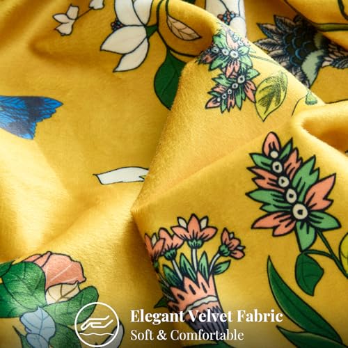 Mustard Yellow Floral Pillow Covers 18x18 Set of 2, Velvet Wild Flower Plant Throw Pillows Case, Square Farmhouse Decor Cu...