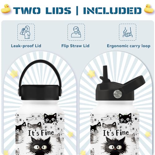 Cat Gifts for Women, 25oz Fine Cat Water Bottle with 2 Lid & Straw - I'm Fine Black Cats Insulated Water Bottles, BPA-free...