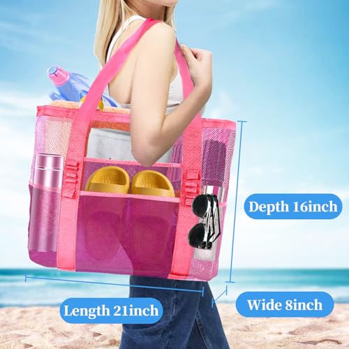 Yunaeduo Large Mesh Beach Bag - Lightweight & Foldable Family Beach Bag with 9 Pockets for Toys, Towels & Vacation Essentials