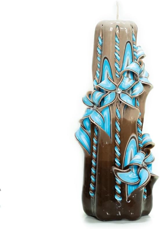 Carved Candle Artisan Handmade Decorative Dipped Candle “Blue Flowers” 8 inch Brown Blue Fall Thanksgiving New Year Christ...