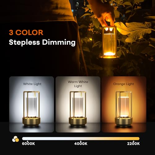 Portable Metal Table Lamp for Indoor/Outdoor ,Rechargeable Cordless LED Lamp, 3-Colour Infinitely Dimming Battery Powered ...