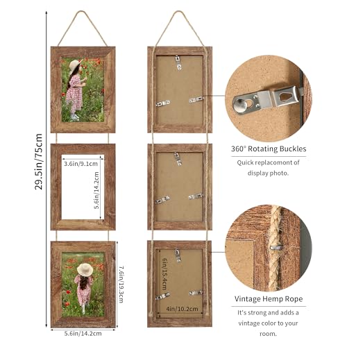 ccdcc 4x6 Collage Picture Frames Set of 2, Rustic Wooden Real Glass Vertical Hanging 3 Opening 4 by 6 Photo Frame, Rustic ...