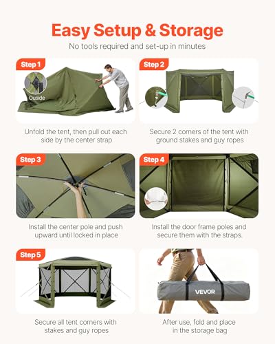 VEVOR Pop up Gazebo Screen Tent, 12 x 12 ft Large 6-Sided Camping Canopy Tent with Removable Top & Carry Bag, Quick-Set & ...