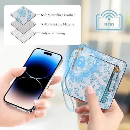 COSHAYSOO Personalized RFID Slim Bifold Wallet for Women Teen Girls with Wristlet Keychain, Blue Small Wallets Woman Cute ...