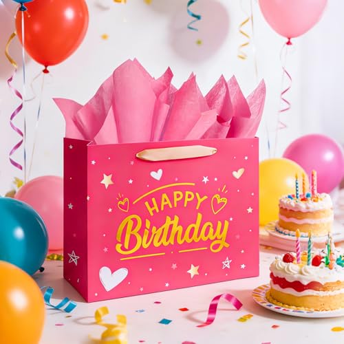 Yixiang Birthday Gift Bags,13 Inches Birthday Gift Bag with Tissue Paper and Greeting Card for Women,Girls