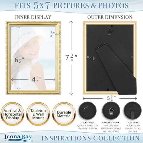 Icona Bay 5x7 Picture Frames (Gold, 6 Pack), Beautifully Detailed Molding, Contemporary Picture Frame Set, Wall Mount or T...