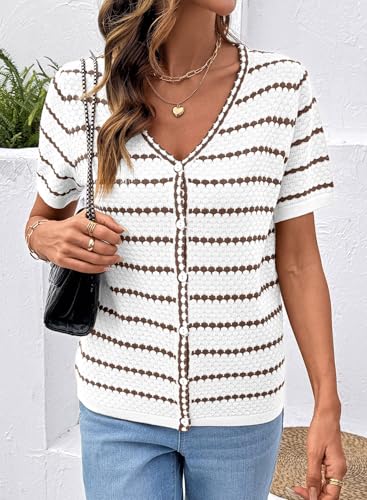 Dokotoo Cardigan Sweaters for Women Spring Summer Short Sleeve Crochet Striped V Neck Button Casual Lightweight Knit Tops