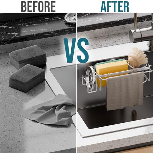 TAILI Sponge Holder with Strong Suction Cup, 4-in-1 Rustproof Sink Organizer - Sink Caddy Holds Sponges, Brushes, Stoppers...