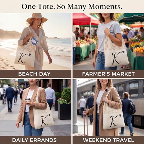 Shinylin Personalized Crochet Tote Bag for Beach Women Beige Mesh Knit Shoulder Bag Boho Aesthetic Tote for Women