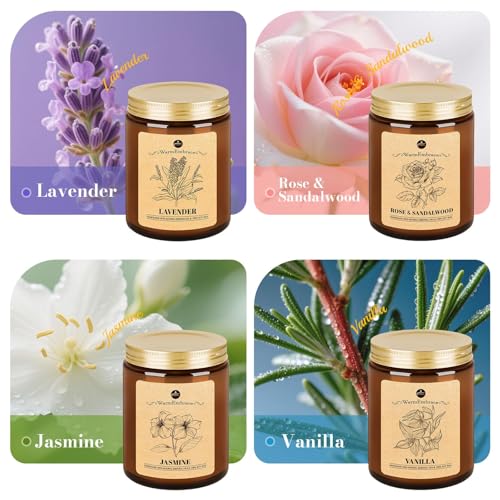 WarmEmbrace Lavender Candles, 4-Pack Scented Candle Set for Women, 7.6 oz Natural Organic Soy Wax in Glass Jar, 160 Hours ...