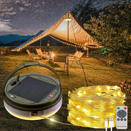 Solar Camping String Lights, 39.4 FT Fairy String Light, 4 in 1 Portable Waterproof Camp LED Lamp with 8 Lighting Modes, H...