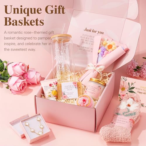 Gifts for Women, 9pcs Happy Birthday Gifts for Women, Christmas Ideas Mothers Day Gift Baskets Unique Rose Self Care Set V...