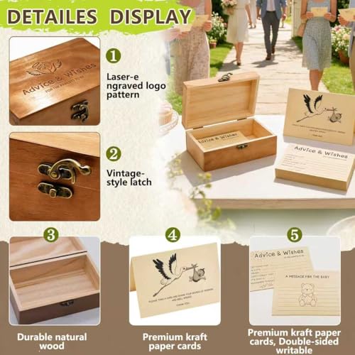Natural Wooden Baby Shower Keepsake Box with 50 Pcs Advice & Wishes Kraft Cards - Elegant Guest Book Alternative – Rustic ...