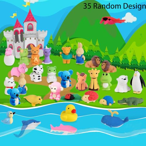 URSKYTOUS 35Pcs Animal Erasers Desk Pets for Kids Animal Pencil Erasers Bulk Puzzle Eraser Toys Gifts for Classroom Prize...