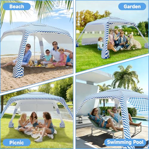 Beach Cabana with 4-Corner, UPF50+ Beach Canopy, Adjustable Height Beach Tent Sun Shelter, Sun Umbrella with Removable Sid...