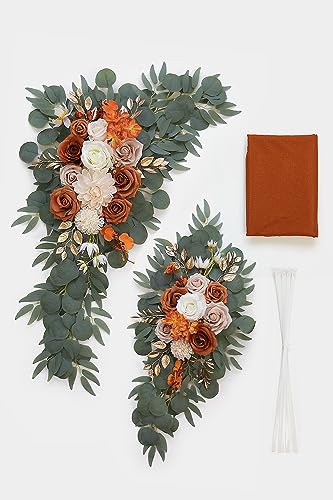 Olalaka Burnt Orange Artificial Wedding Arch Flowers Kit (Pack of 3) with 26Ft Terracotta Shiny Arch Draping Fabric for DI...