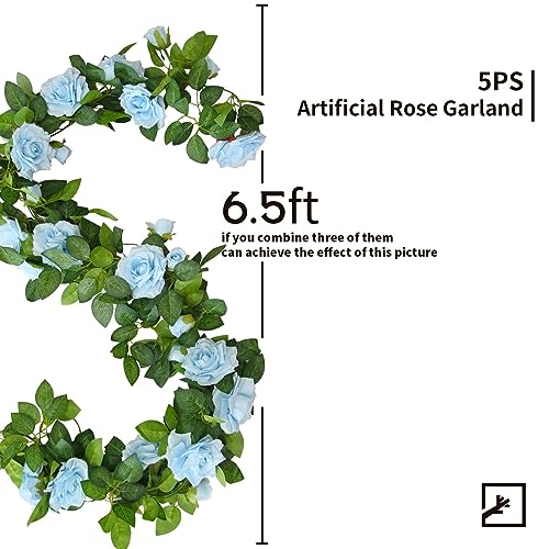 ZIFTY 5Pcs 32.5FT Blue Flower Garland Fake Flower Vines Faux Artificial Floral Garland Hanging Rose Ivy for Wedding Decort...