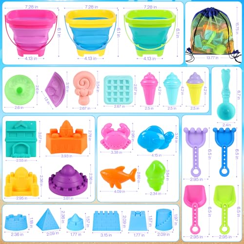Collapsible Beach Toys for Kids Toddlers, 3 Foldable Buckets and Shovels Set, Sand Castle Building Kit, Ice Cream Travel S...