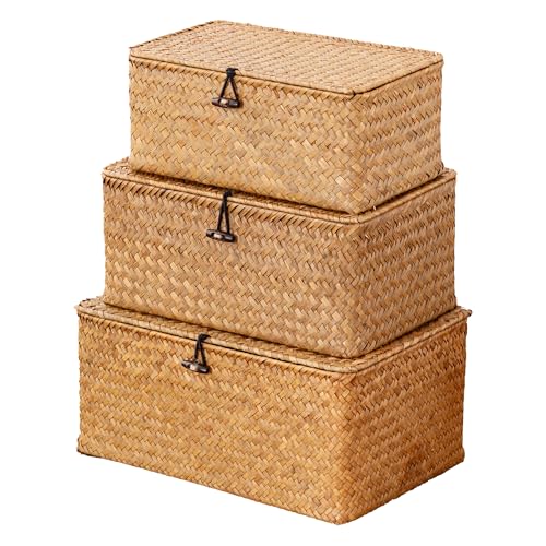 Nonam Storage Basket with Lid, Natural Seagrass Bin with Lid Set of 3, Shelf Baskets Multipurpose Container for Boho Decor...