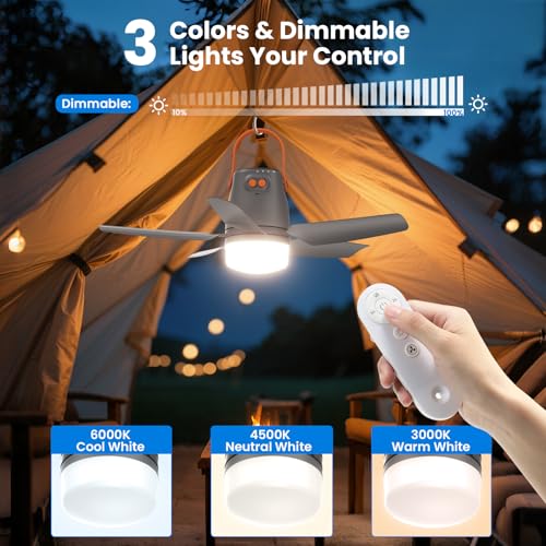 Portable Ceiling Fan with Light & Remote,20" 20400mAh Battery Operated Outdoor Ceiling Gazebo Fan for Patios/Canopy/Cruis...