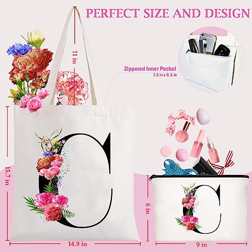 Andeiltech Initial Canvas Tote Bag Floral Letter Personalized Makeup Bag Monogrammed Gift for Bridesmaids Birthday Wedding