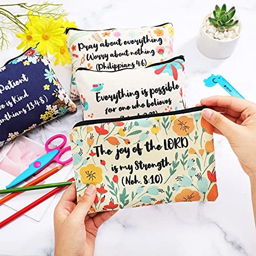 Outus 4 Pieces Inspirational Bible Verse Pencil Pouch Christian Pencil Case Scripture Canvas Makeup Bags for Students Offi...
