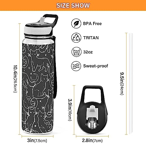 Burbuja Magical Black Cats 32 oz Water Bottle with Straw Lid, Leakproof & BPA Free Tritan Bottle for Gym Fitness Outdoor S...