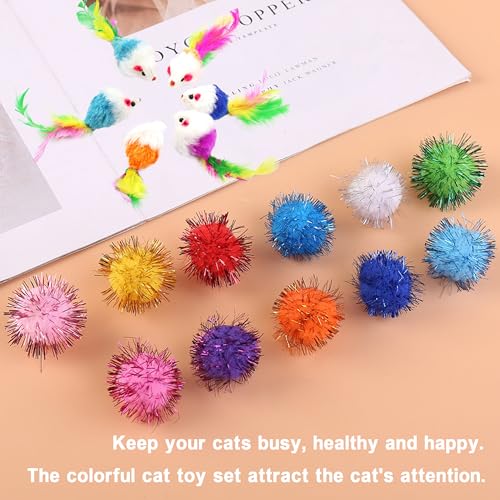 POSAPET Cat Toys Assortment - Interactive Kitten Toy Bundle with Sparkle Pom Pom Balls, Crinkle Balls & Spring Toys for In...