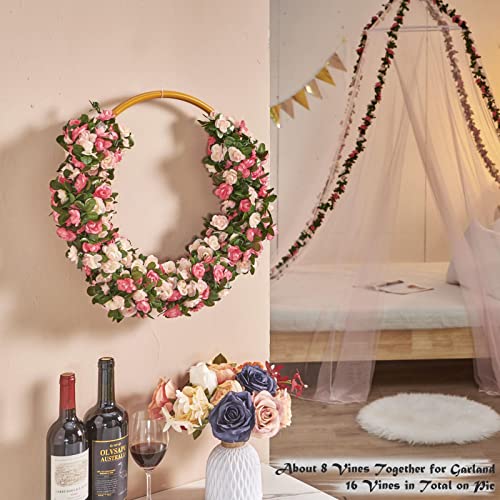 PONKING 8 Pcs x 8.2 ft Flower Garland Artificial Rose Vine Flowers with Green Leaves Hanging Fake Roses Vine for Room Part...