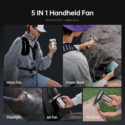 JISULIFE Portable Handheld Fan Ultra2 9000mAh, Max 25 Hrs, 5 IN 1, 100 Speed Turbo Fan, Rechargeable 18W Power Bank with F...