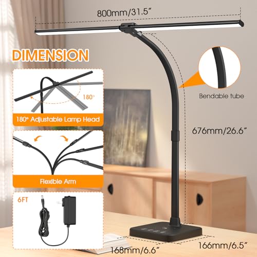 ShineTech LED Desk Lamp for Home Office, 24W Double Head Desk Light with Wireless Charging, USB Port, 25 Lighting Modes Ad...