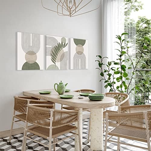 Sage Green Boho Wall Art Set of 3, Minimalist Framed Wall Art Geometric Line Leaf Sun Moon Beige Green Canvas Artwork Pain...