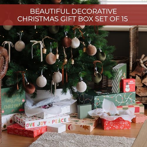 ZICOTO Beautiful Christmas Gift Boxes Set of 15 - Stylish Holiday Present Boxes with Assorted Festive Designs for Easy Chr...