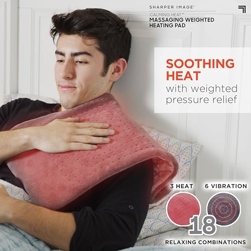 Calming Heat Massaging Vibrations Weighted Heating Pad by Sharper Image | Temperature Settings, Auto Shut-Off Feature, Gif...