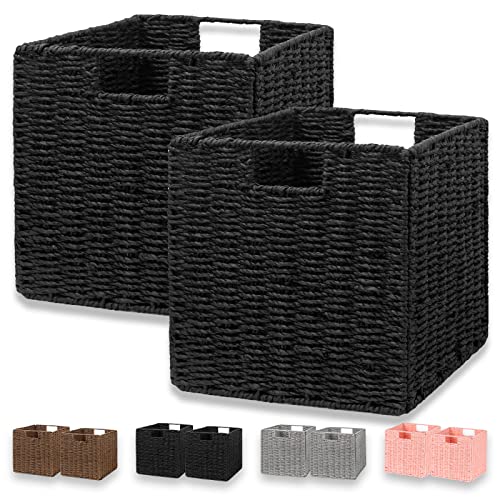 Vagusicc Wicker Storage Basket, Set of 2 Hand-Woven Wicker Basket, Foldable Cube Storage Bin, Black Storage Basket, Square...