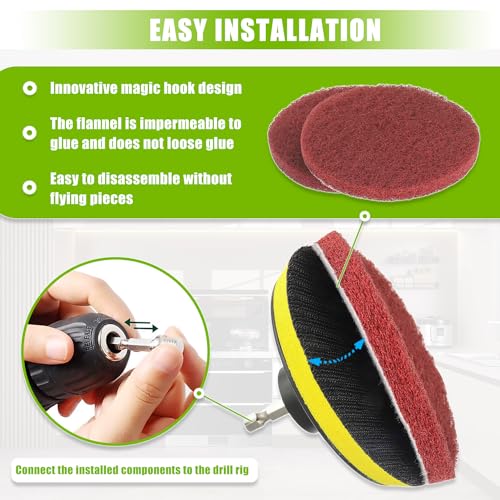 EPLZON 4 Inch Scrub Drill Brush Power Scouring Pads Household Cleaning Set for Kitchen Bathroom 4 Red Pads 4 Green Pads 1 ...
