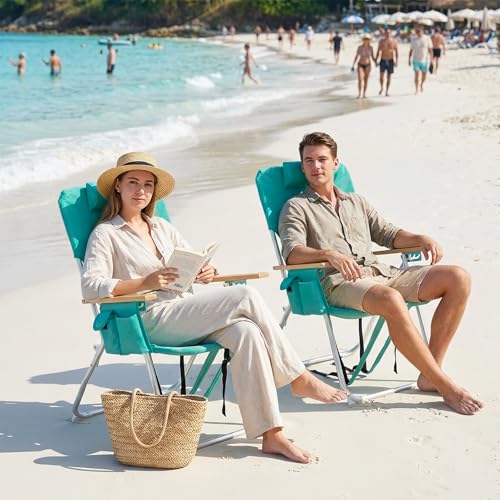 VINGLI 17" Tall Beach Chairs for Adults,Aluminum 4-Position Backpack Beach Chair with Wooden Armrests,Folding Lawn Chair f...