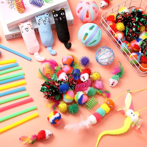 Shappy 150 Pcs Cat Toys for Indoor Cats Bulk, Kitten Toys Pack, Variety Interactive Gift Including Mice Rainbow Balls Spri...