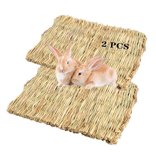 PINVNBY Natural Grass Mat for Rabbits,2 Pack Rabbit Hay Mats,100% Handwoven Hay Chewable Bedding & Cooling Mat for Bunny G...