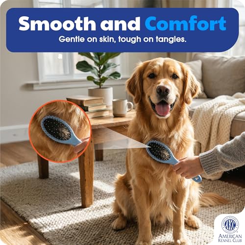 American Kennel Club AKC Pet Grooming Brush for Dogs and Cats - 2-in-1 Deshedding and Detangling Brush with Dense Nylon Br...