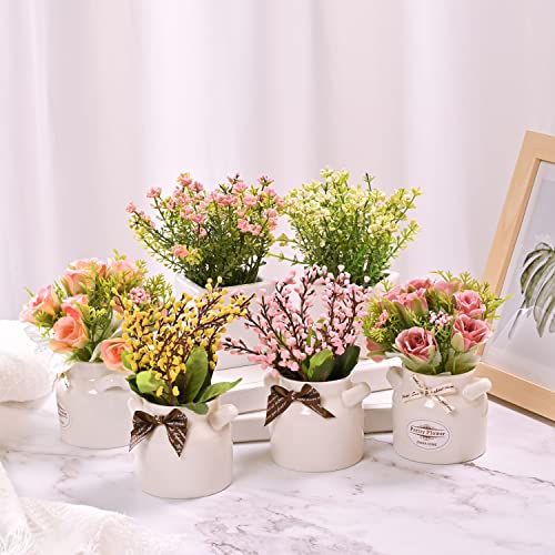 LUEUR 6Pcs Artificial Flowers with Ceramic Pot Fake Flower Arrangements Small Faux Spring Flowers in Vase Spring/Summer De...