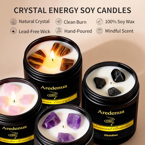 Aredenua Scented Candles Set, 4 Pack Crystal Healing Candles with Rose Quartz Amethyst Tiger Eye Obsidian, 7oz Natural Soy...